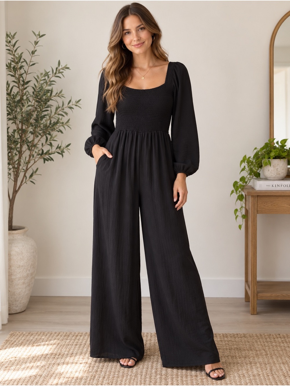 Black Wide Leg Jumpsuit Size L Smocked Bodice Long Sleeve Pockets casual chic